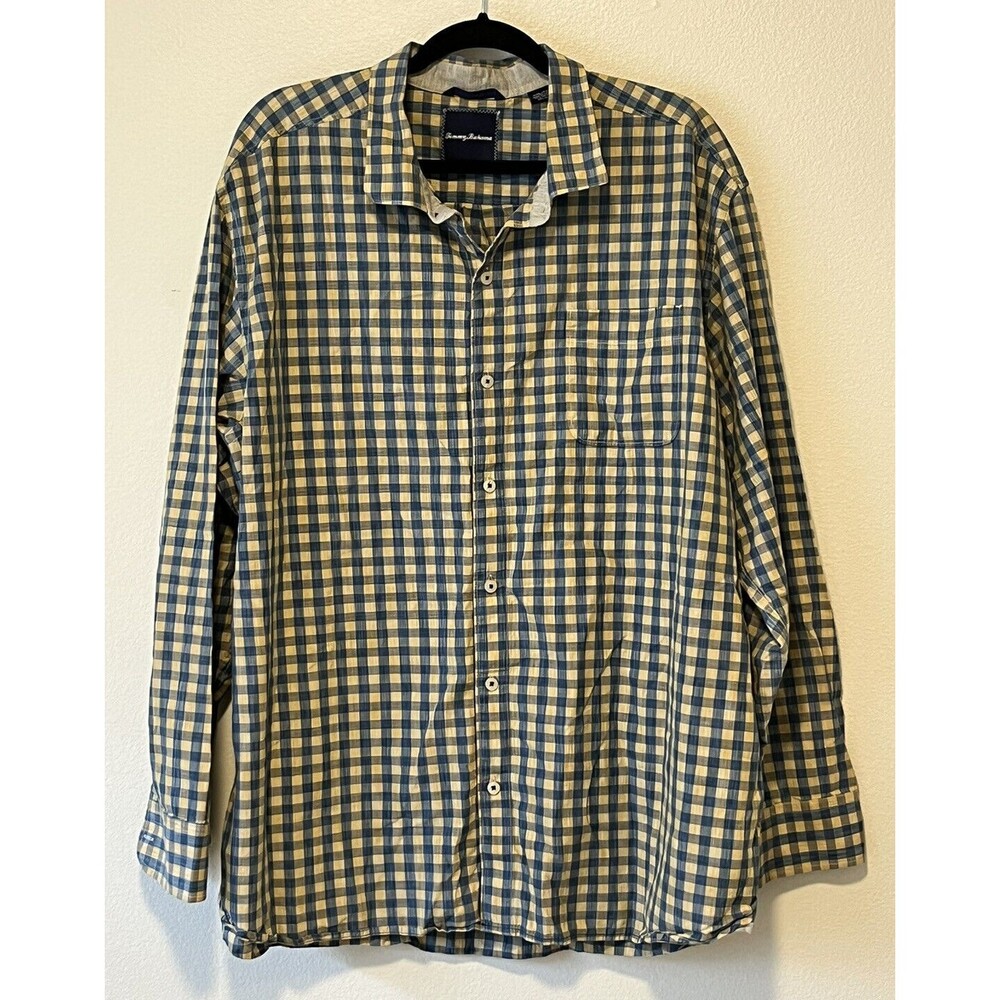 TOMMY BAHAMA silk blend long sleeve gingham plaid shirt XXL button Down